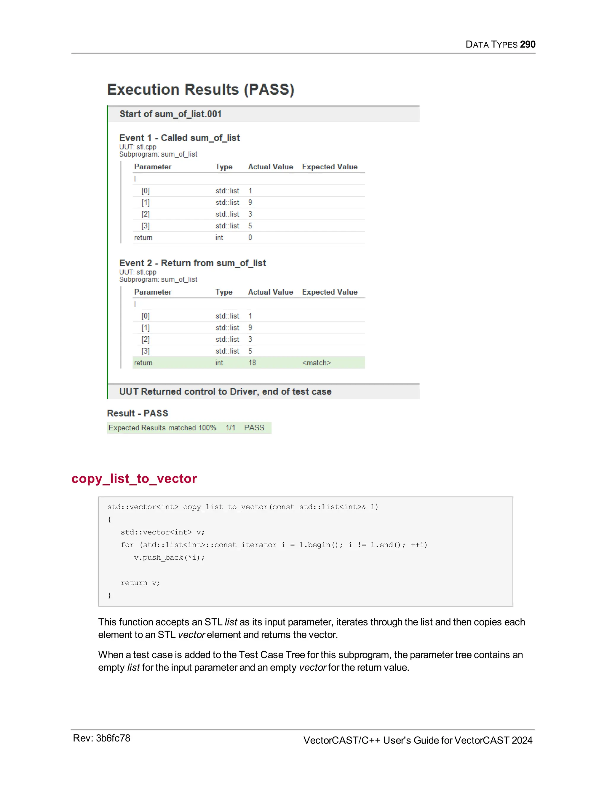 DATA TYPES 290
copy_list_to_vector
std::vector<int> copy_list_to_vector(const std::list<int>& l)
{
std::vector<int> v;
for (std::list<int>::const_iterator i = l.begin(); i != l.end(); ++i)
v.push_back(*i);
return v;
}
This function accepts an STL list as its input parameter, iterates through the list and then copies each
element to an STL vector element and returns the vector.
When a test case is added to the Test Case Tree for this subprogram, the parameter tree contains an
empty list for the input parameter and an empty vector for the return value.
Rev: 3b6fc78 VectorCAST/C++ User's Guide for VectorCAST 2024
 