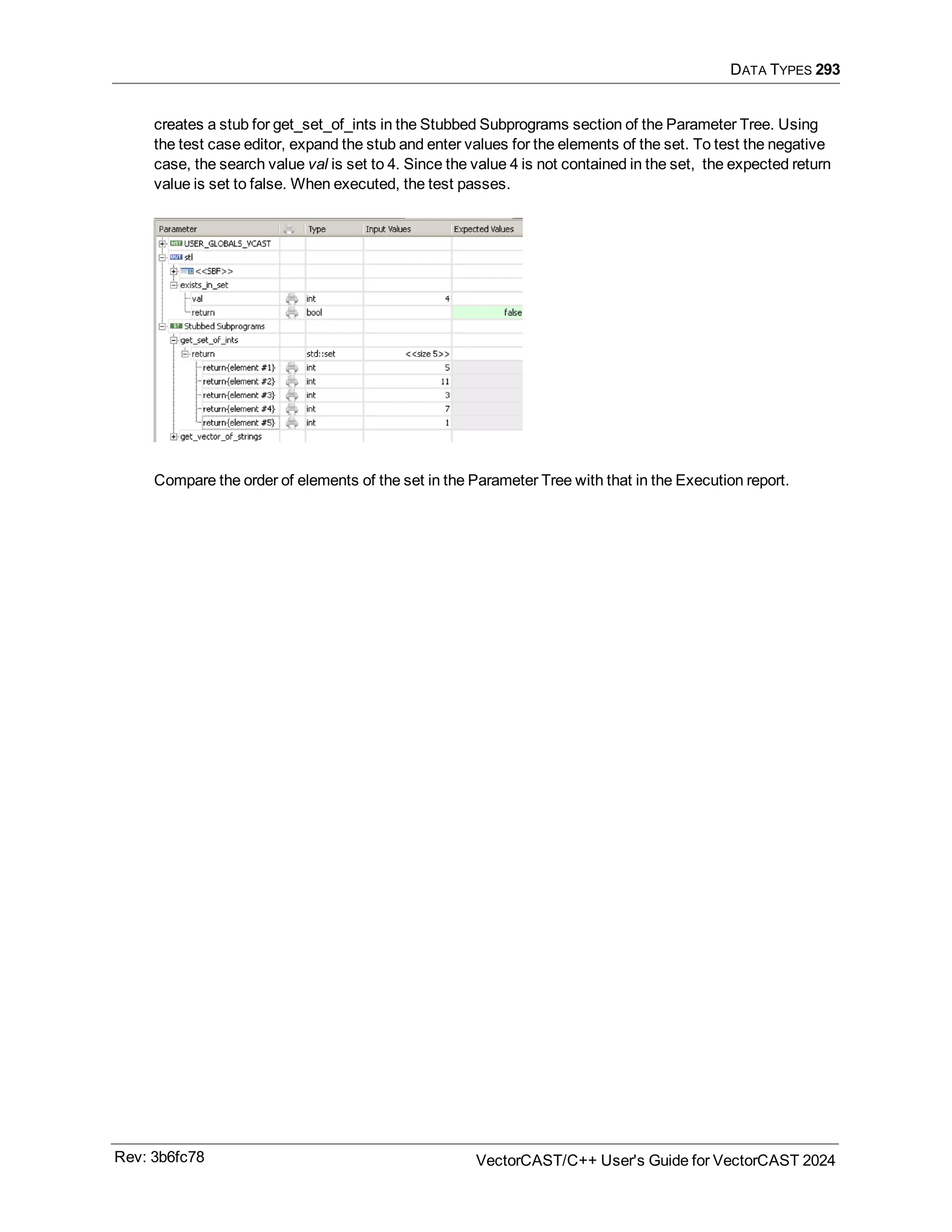 DATA TYPES 293
creates a stub for get_set_of_ints in the Stubbed Subprograms section of the Parameter Tree. Using
the test case editor, expand the stub and enter values for the elements of the set. To test the negative
case, the search value val is set to 4. Since the value 4 is not contained in the set, the expected return
value is set to false. When executed, the test passes.
Compare the order of elements of the set in the Parameter Tree with that in the Execution report.
Rev: 3b6fc78 VectorCAST/C++ User's Guide for VectorCAST 2024
 