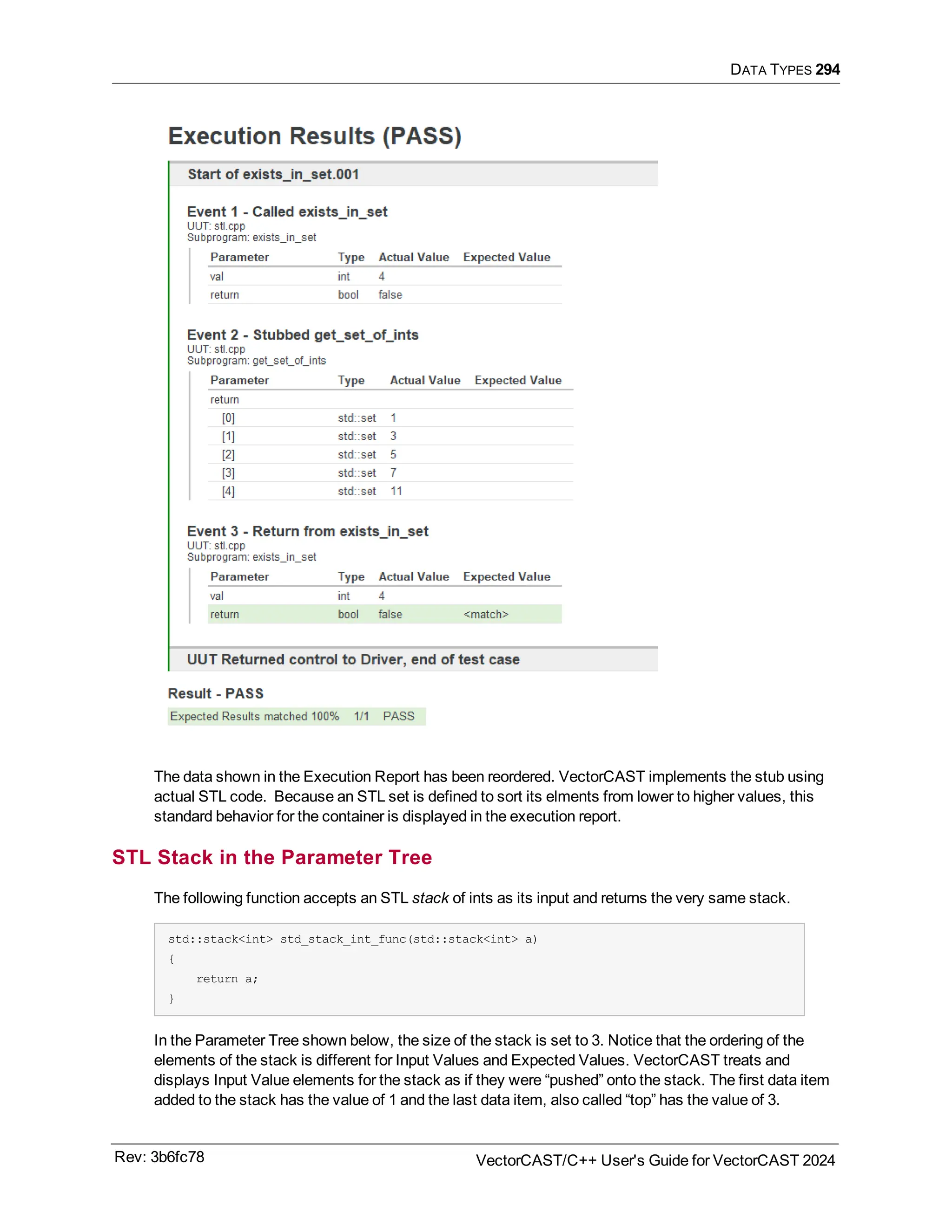 DATA TYPES 294
The data shown in the Execution Report has been reordered. VectorCAST implements the stub using
actual STL code. Because an STL set is defined to sort its elments from lower to higher values, this
standard behavior for the container is displayed in the execution report.
STL Stack in the Parameter Tree
The following function accepts an STL stack of ints as its input and returns the very same stack.
std::stack<int> std_stack_int_func(std::stack<int> a)
{
return a;
}
In the Parameter Tree shown below, the size of the stack is set to 3. Notice that the ordering of the
elements of the stack is different for Input Values and Expected Values. VectorCAST treats and
displays Input Value elements for the stack as if they were “pushed” onto the stack. The first data item
added to the stack has the value of 1 and the last data item, also called “top” has the value of 3.
Rev: 3b6fc78 VectorCAST/C++ User's Guide for VectorCAST 2024
 