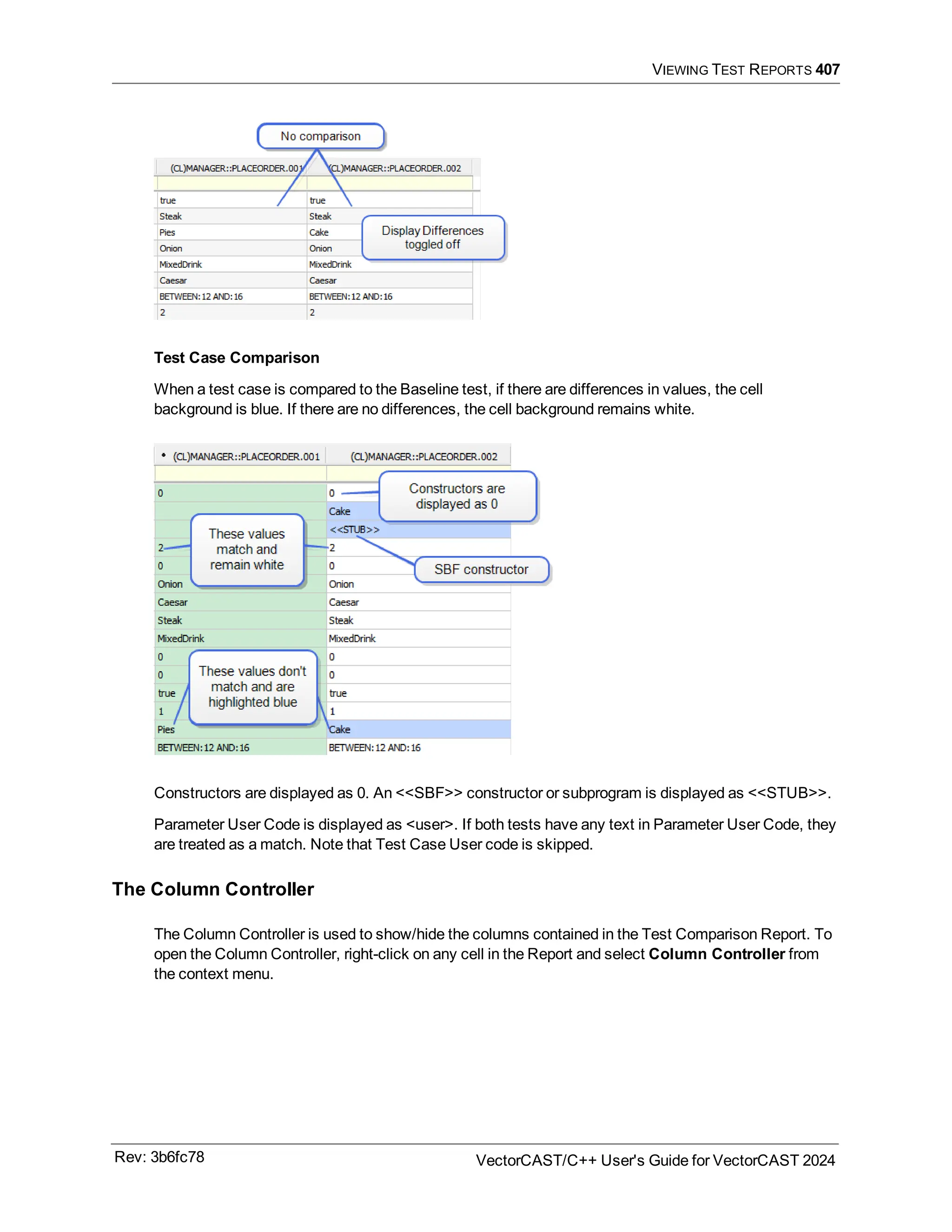 VIEWING TEST REPORTS 407
Test Case Comparison
When a test case is compared to the Baseline test, if there are differences in values, the cell
background is blue. If there are no differences, the cell background remains white.
Constructors are displayed as 0. An <<SBF>> constructor or subprogram is displayed as <<STUB>>.
Parameter User Code is displayed as <user>. If both tests have any text in Parameter User Code, they
are treated as a match. Note that Test Case User code is skipped.
The Column Controller
The Column Controller is used to show/hide the columns contained in the Test Comparison Report. To
open the Column Controller, right-click on any cell in the Report and select Column Controller from
the context menu.
Rev: 3b6fc78 VectorCAST/C++ User's Guide for VectorCAST 2024
 