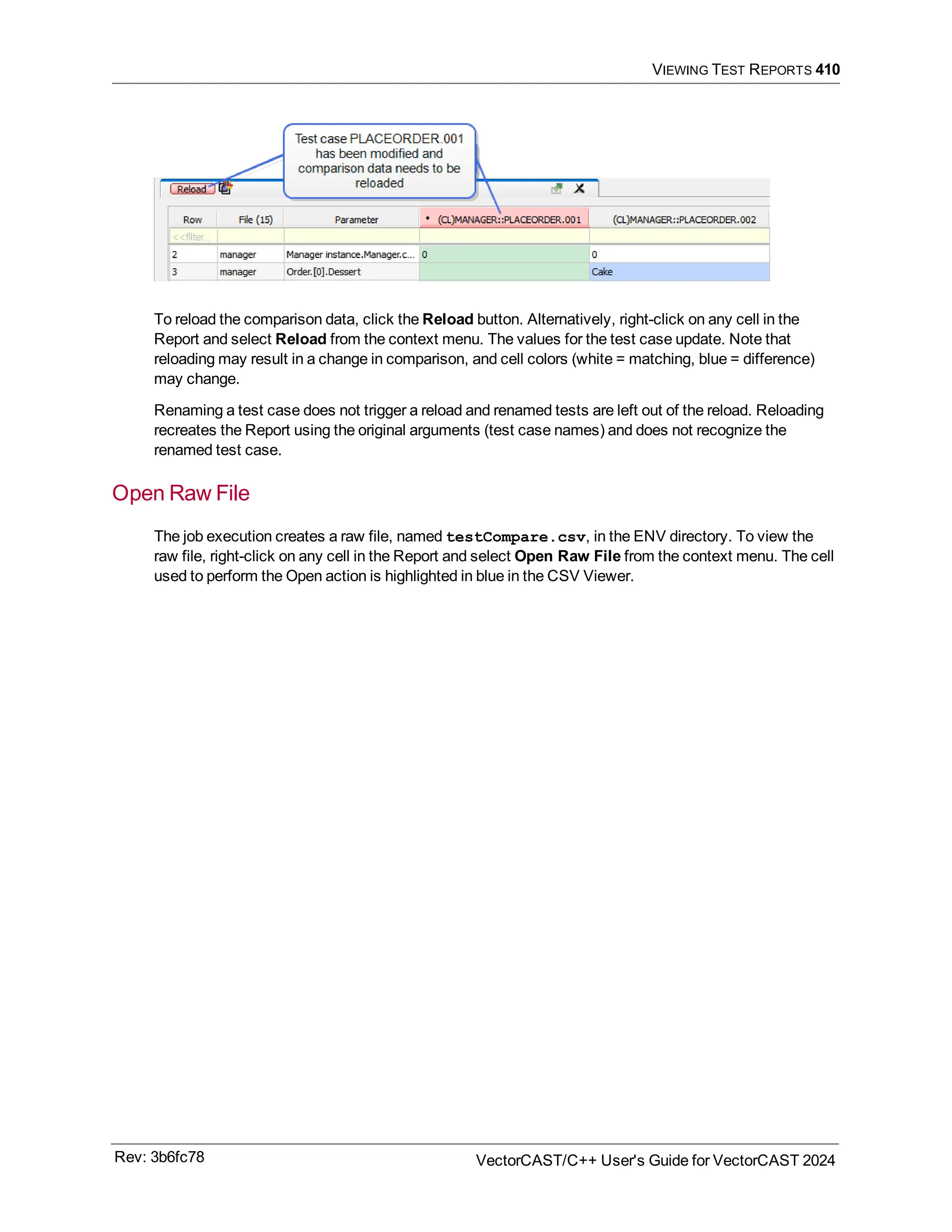 VIEWING TEST REPORTS 410
To reload the comparison data, click the Reload button. Alternatively, right-click on any cell in the
Report and select Reload from the context menu. The values for the test case update. Note that
reloading may result in a change in comparison, and cell colors (white = matching, blue = difference)
may change.
Renaming a test case does not trigger a reload and renamed tests are left out of the reload. Reloading
recreates the Report using the original arguments (test case names) and does not recognize the
renamed test case.
Open Raw File
The job execution creates a raw file, named testCompare.csv, in the ENV directory. To view the
raw file, right-click on any cell in the Report and select Open Raw File from the context menu. The cell
used to perform the Open action is highlighted in blue in the CSV Viewer.
Rev: 3b6fc78 VectorCAST/C++ User's Guide for VectorCAST 2024
 