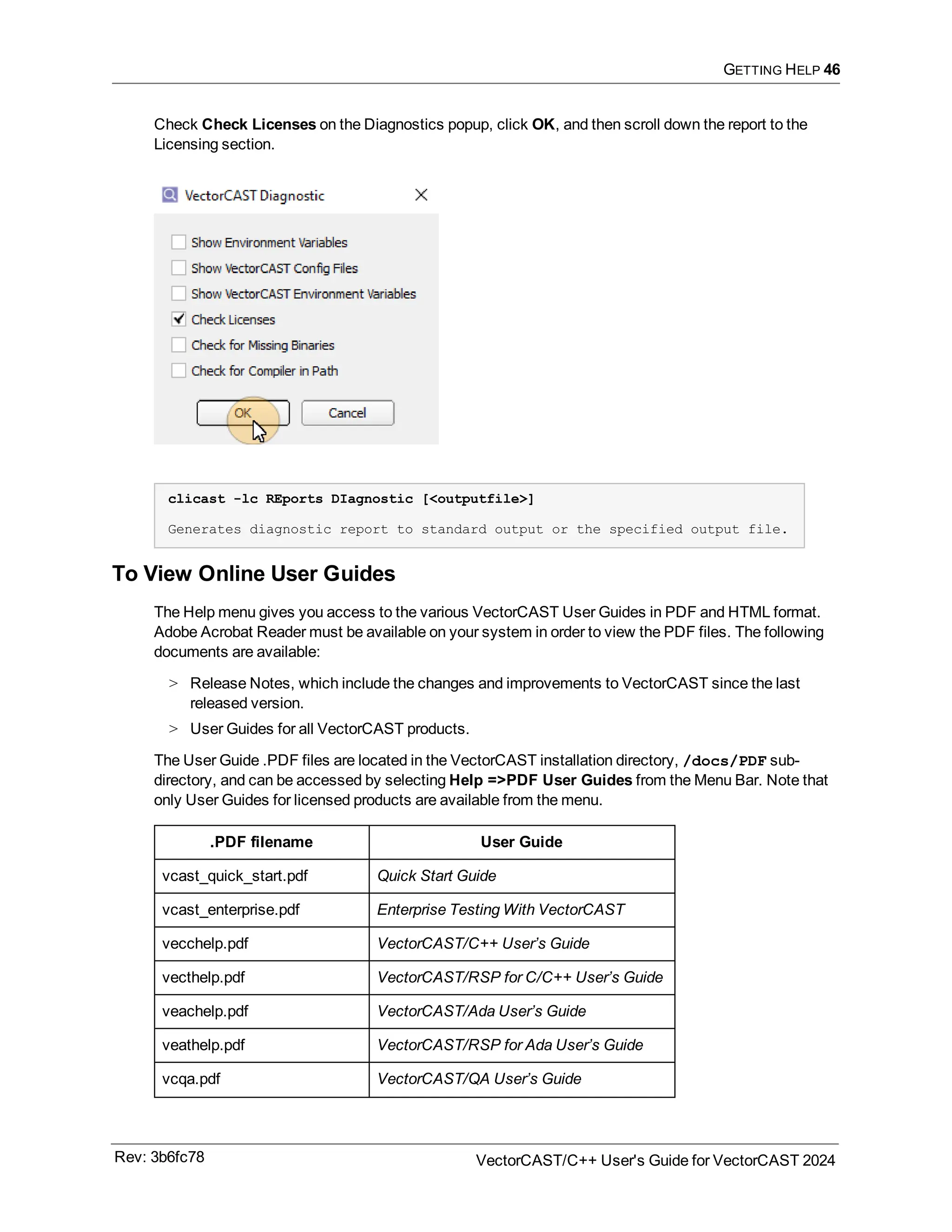 GETTING HELP 46
Check Check Licenses on the Diagnostics popup, click OK, and then scroll down the report to the
Licensing section.
clicast -lc REports DIagnostic [<outputfile>]
Generates diagnostic report to standard output or the specified output file.
To View Online User Guides
The Help menu gives you access to the various VectorCAST User Guides in PDF and HTML format.
Adobe Acrobat Reader must be available on your system in order to view the PDF files. The following
documents are available:
> Release Notes, which include the changes and improvements to VectorCAST since the last
released version.
> User Guides for all VectorCAST products.
The User Guide .PDF files are located in the VectorCAST installation directory, /docs/PDF sub-
directory, and can be accessed by selecting Help =>PDF User Guides from the Menu Bar. Note that
only User Guides for licensed products are available from the menu.
.PDF filename User Guide
vcast_quick_start.pdf Quick Start Guide
vcast_enterprise.pdf Enterprise Testing With VectorCAST
vecchelp.pdf VectorCAST/C++ User’s Guide
vecthelp.pdf VectorCAST/RSP for C/C++ User’s Guide
veachelp.pdf VectorCAST/Ada User’s Guide
veathelp.pdf VectorCAST/RSP for Ada User’s Guide
vcqa.pdf VectorCAST/QA User’s Guide
Rev: 3b6fc78 VectorCAST/C++ User's Guide for VectorCAST 2024
 