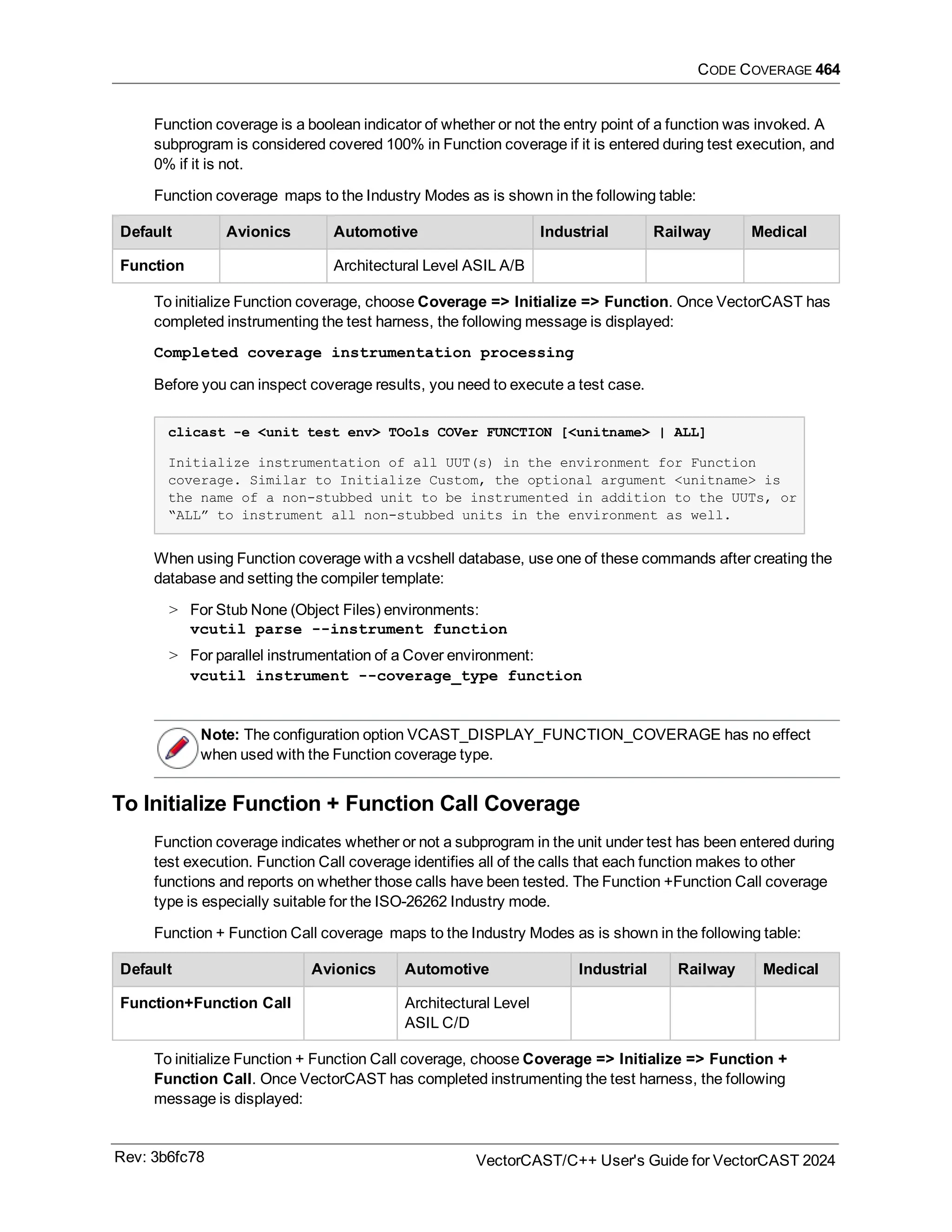 CODE COVERAGE 464
Function coverage is a boolean indicator of whether or not the entry point of a function was invoked. A
subprogram is considered covered 100% in Function coverage if it is entered during test execution, and
0% if it is not.
Function coverage maps to the Industry Modes as is shown in the following table:
Default Avionics Automotive Industrial Railway Medical
Function Architectural Level ASIL A/B
To initialize Function coverage, choose Coverage => Initialize => Function. Once VectorCAST has
completed instrumenting the test harness, the following message is displayed:
Completed coverage instrumentation processing
Before you can inspect coverage results, you need to execute a test case.
clicast -e <unit test env> TOols COVer FUNCTION [<unitname> | ALL]
Initialize instrumentation of all UUT(s) in the environment for Function
coverage. Similar to Initialize Custom, the optional argument <unitname> is
the name of a non-stubbed unit to be instrumented in addition to the UUTs, or
“ALL” to instrument all non-stubbed units in the environment as well.
When using Function coverage with a vcshell database, use one of these commands after creating the
database and setting the compiler template:
> For Stub None (Object Files) environments:
vcutil parse --instrument function
> For parallel instrumentation of a Cover environment:
vcutil instrument --coverage_type function
Note: The configuration option VCAST_DISPLAY_FUNCTION_COVERAGE has no effect
when used with the Function coverage type.
To Initialize Function + Function Call Coverage
Function coverage indicates whether or not a subprogram in the unit under test has been entered during
test execution. Function Call coverage identifies all of the calls that each function makes to other
functions and reports on whether those calls have been tested. The Function +Function Call coverage
type is especially suitable for the ISO-26262 Industry mode.
Function + Function Call coverage maps to the Industry Modes as is shown in the following table:
Default Avionics Automotive Industrial Railway Medical
Function+Function Call Architectural Level
ASIL C/D
To initialize Function + Function Call coverage, choose Coverage => Initialize => Function +
Function Call. Once VectorCAST has completed instrumenting the test harness, the following
message is displayed:
Rev: 3b6fc78 VectorCAST/C++ User's Guide for VectorCAST 2024
 