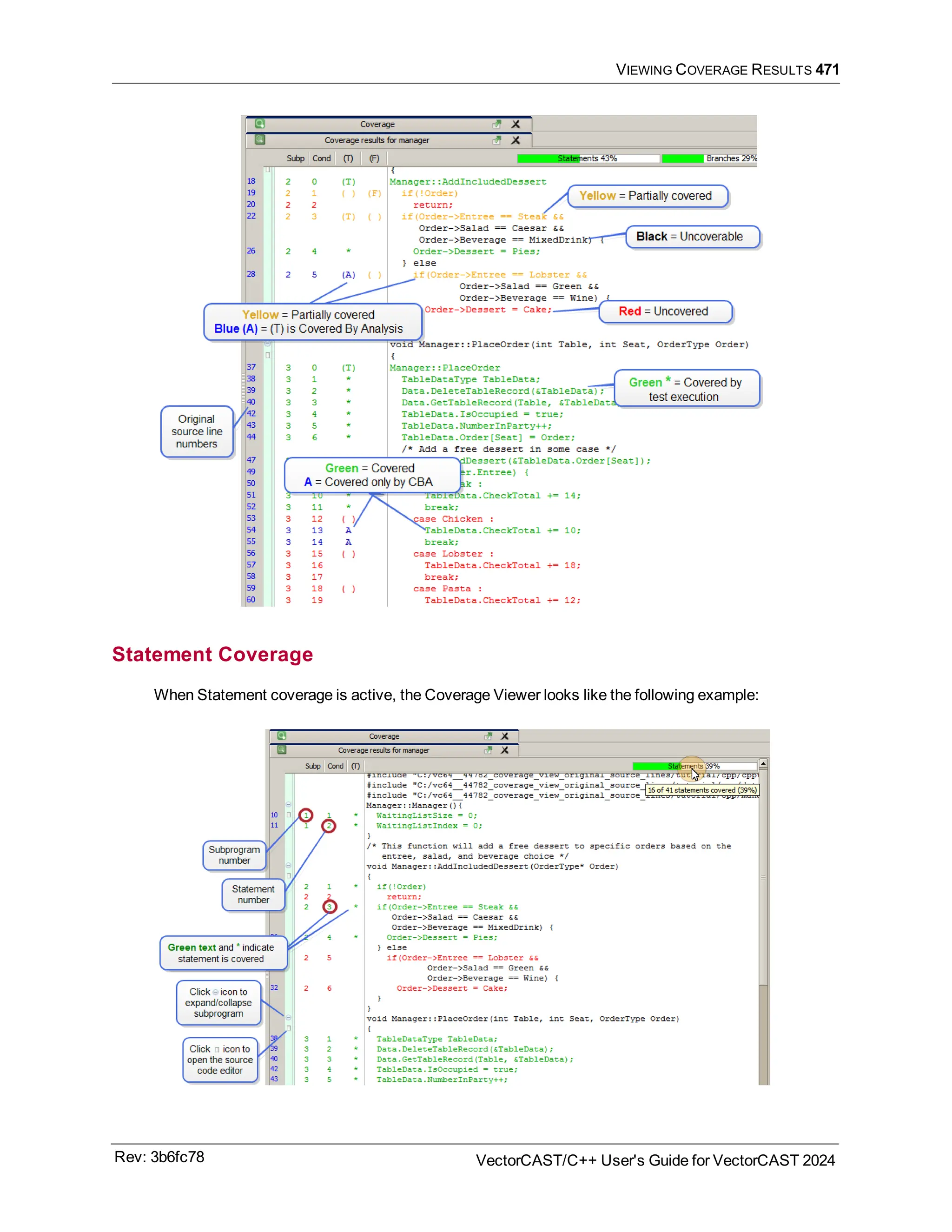 VIEWING COVERAGE RESULTS 471
Statement Coverage
When Statement coverage is active, the Coverage Viewer looks like the following example:
Rev: 3b6fc78 VectorCAST/C++ User's Guide for VectorCAST 2024
 