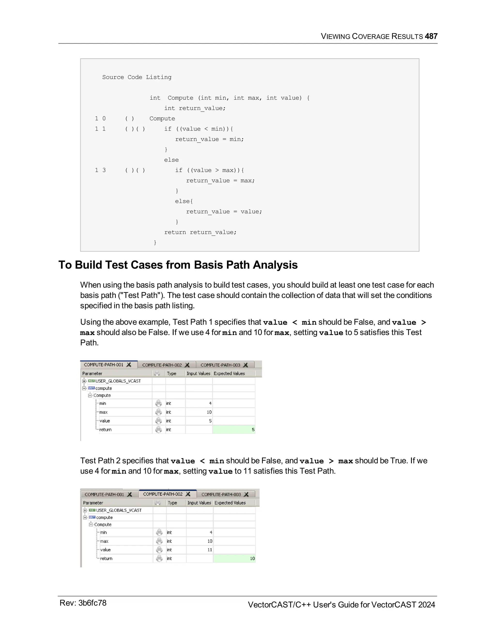 VIEWING COVERAGE RESULTS 487
Source Code Listing
int Compute (int min, int max, int value) {
int return_value;
1 0 ( ) Compute
1 1 ( )( ) if ((value < min)){
return_value = min;
}
else
1 3 ( )( ) if ((value > max)){
return_value = max;
}
else{
return_value = value;
}
return return_value;
}
To Build Test Cases from Basis Path Analysis
When using the basis path analysis to build test cases, you should build at least one test case for each
basis path ("Test Path"). The test case should contain the collection of data that will set the conditions
specified in the basis path listing.
Using the above example, Test Path 1 specifies that value < min should be False, and value >
max should also be False. If we use 4 for min and 10 for max, setting value to 5 satisfies this Test
Path.
Test Path 2 specifies that value < min should be False, and value > max should be True. If we
use 4 for min and 10 for max, setting value to 11 satisfies this Test Path.
Rev: 3b6fc78 VectorCAST/C++ User's Guide for VectorCAST 2024
 