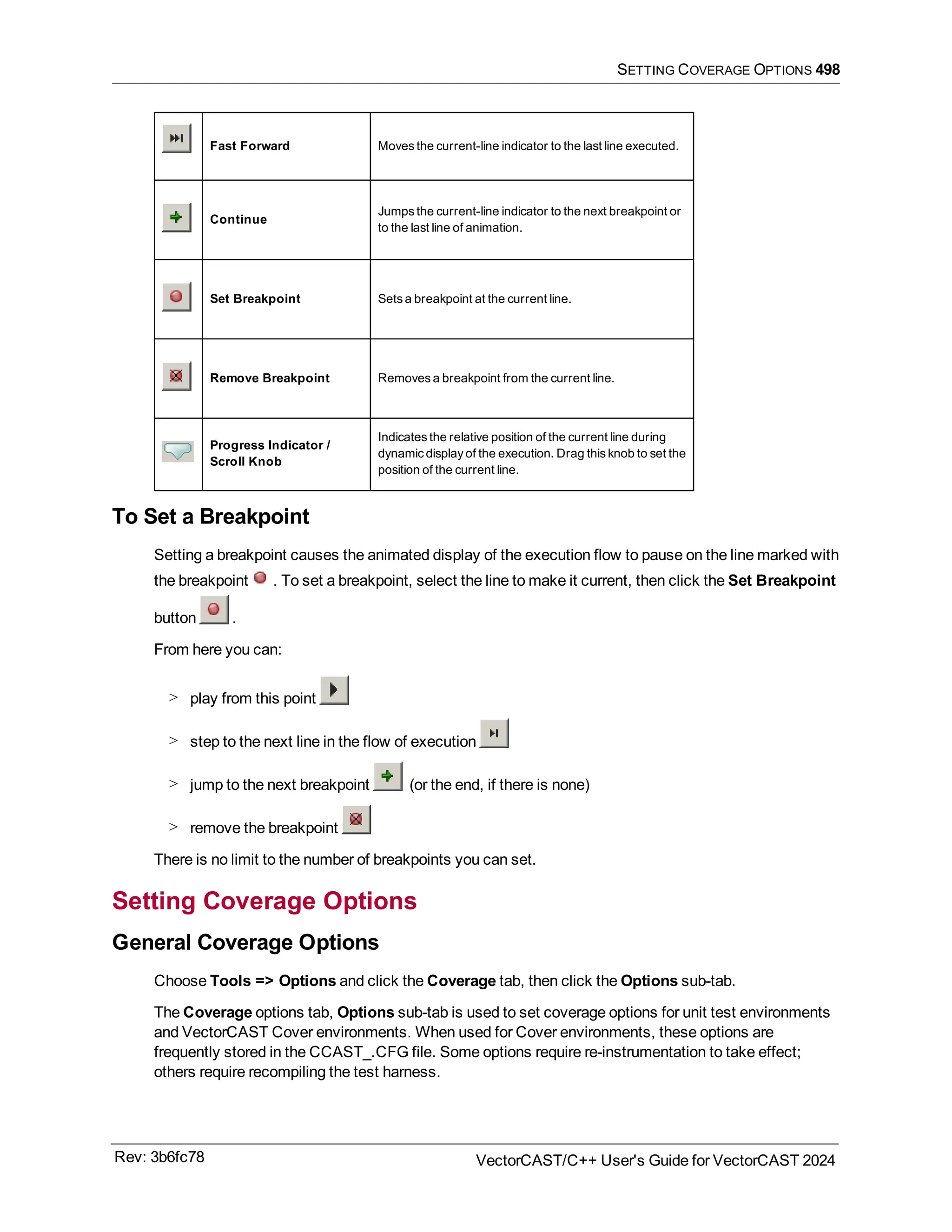 SETTING COVERAGE OPTIONS 498
Fast Forward Moves the current-line indicator to the last line executed.
Continue
Jumps the current-line indicator to the next breakpoint or
to the last line of animation.
Set Breakpoint Sets a breakpoint at the current line.
Remove Breakpoint Removes a breakpoint from the current line.
Progress Indicator /
Scroll Knob
Indicates the relative position of the current line during
dynamic display of the execution. Drag this knob to set the
position of the current line.
To Set a Breakpoint
Setting a breakpoint causes the animated display of the execution flow to pause on the line marked with
the breakpoint . To set a breakpoint, select the line to make it current, then click the Set Breakpoint
button .
From here you can:
> play from this point
> step to the next line in the flow of execution
> jump to the next breakpoint (or the end, if there is none)
> remove the breakpoint
There is no limit to the number of breakpoints you can set.
Setting Coverage Options
General Coverage Options
Choose Tools => Options and click the Coverage tab, then click the Options sub-tab.
The Coverage options tab, Options sub-tab is used to set coverage options for unit test environments
and VectorCAST Cover environments. When used for Cover environments, these options are
frequently stored in the CCAST_.CFG file. Some options require re-instrumentation to take effect;
others require recompiling the test harness.
Rev: 3b6fc78 VectorCAST/C++ User's Guide for VectorCAST 2024
 