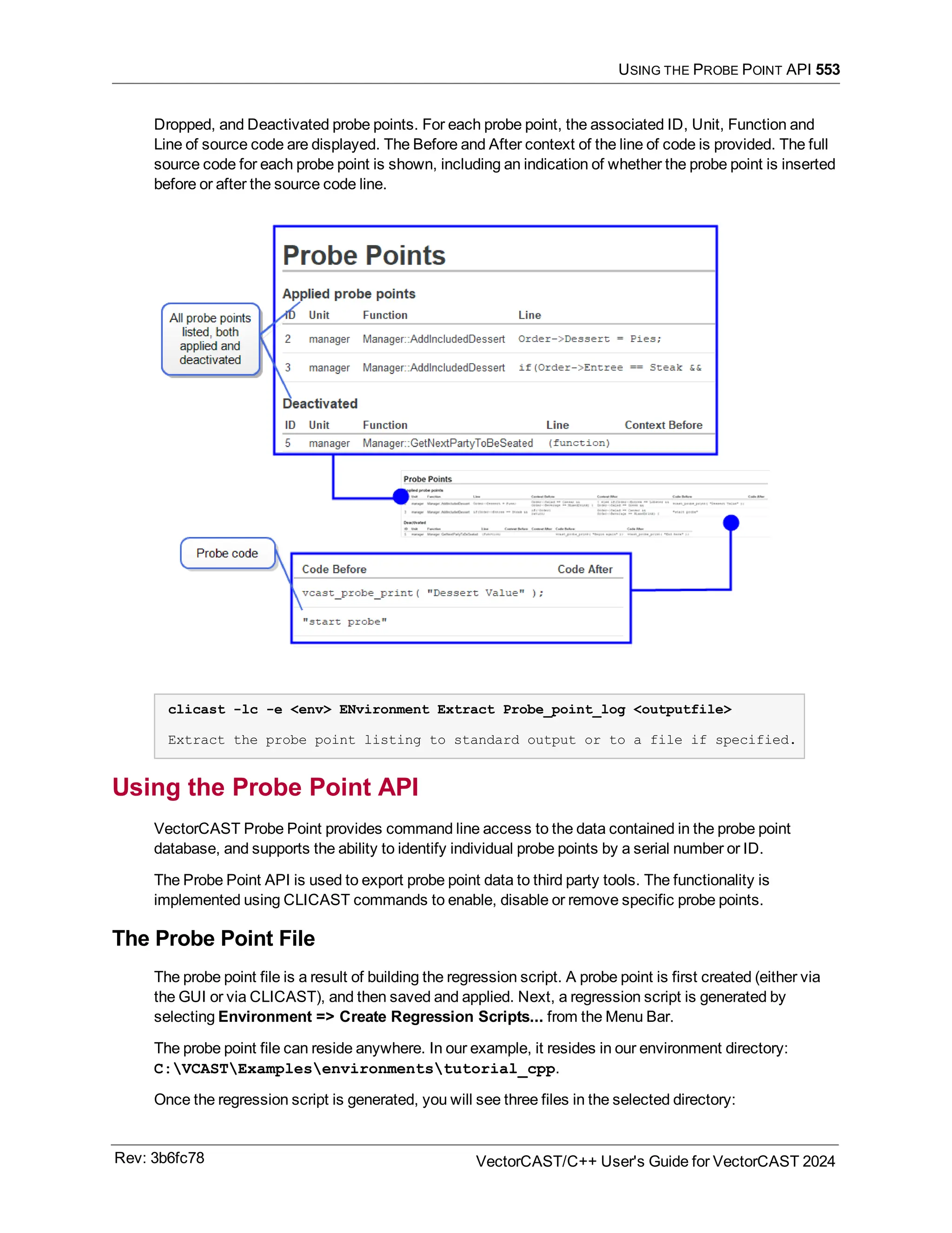 USING THE PROBE POINT API 553
Dropped, and Deactivated probe points. For each probe point, the associated ID, Unit, Function and
Line of source code are displayed. The Before and After context of the line of code is provided. The full
source code for each probe point is shown, including an indication of whether the probe point is inserted
before or after the source code line.
clicast -lc -e <env> ENvironment Extract Probe_point_log <outputfile>
Extract the probe point listing to standard output or to a file if specified.
Using the Probe Point API
VectorCAST Probe Point provides command line access to the data contained in the probe point
database, and supports the ability to identify individual probe points by a serial number or ID.
The Probe Point API is used to export probe point data to third party tools. The functionality is
implemented using CLICAST commands to enable, disable or remove specific probe points.
The Probe Point File
The probe point file is a result of building the regression script. A probe point is first created (either via
the GUI or via CLICAST), and then saved and applied. Next, a regression script is generated by
selecting Environment => Create Regression Scripts... from the Menu Bar.
The probe point file can reside anywhere. In our example, it resides in our environment directory:
C:VCASTExamplesenvironmentstutorial_cpp.
Once the regression script is generated, you will see three files in the selected directory:
Rev: 3b6fc78 VectorCAST/C++ User's Guide for VectorCAST 2024
 