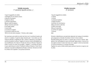 Antipasti e Sfizi

                        Vitello tonnato                                                             Vitello tonnato
                 1a versione (quella antica...)                                                       2a versione


1 kg di magatello di vitello                                                1 kg di magatello di vitello
1 bottiglia di vino bianco secco                                            1 cipolla
2 bacche di ginepro                                                         1 carota
2 foglie di alloro                                                          1 costola di sedano
2 chiodi di garofano                                                        1 foglia di alloro
Mezza costa di sedano                                                       2 bicchieri di vino bianco
250 gr di tonno sott’olio                                                   250 gr di tonno sott’olio
6 acciughe salate                                                           2 filetti d’acciuga
3 uova sode                                                                 350 g di maionese
2 cucchiai di capperi                                                       2 cucchiai di capperi
3 cucchiai di aceto di vino                                                 1 limone
100 ml di olio extra vergine, 1 limone, sale e pepe                         Sale

Far marinare una notte la carne nel vino con 2 cucchiai di aceto, gli       Portare a ebollizione una pentola capiente con acqua e le verdure
aromi e il sedano. Il giorno dopo lessarla per 1 ora nella sua ma-          per preparare un brodo di verdure. Unire il vino e salare.
rinatura filtrata e regolata di sale. Lavare e diliscare le acciughe e      Quando bolle porre la carne e cuocere per un’ora e mezzo. Spe-
unirle al brodo di cottura. Togliere la carne e farla raffreddare pri-      gnere e far raffreddare la carne nel brodo. Sgocciolare il tonno e le
ma di affettarla. Far ridurre il fondo di cottura e filtrarlo. Passare al   acciughe e tritare il tutto nel mixer con i capperi. Unire la maionese
mixer il tonno, le uova, le acciughe, i capperi, 1 cucchiaio di aceto,      e il succo di limone e 2 cucchiai di brodo.
il succo del limone e unire il fondo di cottura filtrato e l’olio fino a    Tagliare la carne a fette sottili poco prima di servire e coprire con
ottenere una salsina abbastanza fluida e cremosa. Versare sul vitel-        la salsa.
lo a fette e far riposare 1 ora prima di servire.




16                                                                                                          Dalla cucina del casale del Vecchio Olmo   17
 