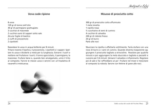 Antipasti e Sfizi

                        Uova sode ripiene                                                     Mousse di prosciutto cotto


8 uova                                                                        300 gr di prosciutto cotto affumicato
120 gr di tonno sott’olio                                                     1 mela renetta
30 gr di parmigiano grattugiato                                               1 cipolla rossa
3 cucchiai di maionese                                                        ½ cucchiaino di semi di cumino
2 cucchiai scarsi di capperi sotto sale                                       4 cucchiai di calvados
Alcune foglie di basilico                                                     200 gr di robiola fresca
2 ciuffi di prezzemolo                                                        20 gr di burro
2 cipollotti                                                                  Pane alle noci

Rassodare le uova in acqua bollente per 8 minuti.                             Sbucciare la cipolla e affettarla sottilmente. Farla stufare con una
Tritare insieme il basilico, il prezzemolo, i cipollotti e i capperi. Spel-   noce di burro e i semi di cumino. Quando diventa trasparente ag-
lare le uova e dividerle a metà per la lunghezza. Estrarre i tuorli e         giungere il prosciutto tagliato a striscioline. Rosolare per qualche
mettere nel frullatore i tuorli, il tonno sgocciolato, il parmigiano, la      minuto e poi aggiungere la mela sbucciata e tagliata a pezzetti e
maionese. Frullare bene e, quando ben amalgamato, unire il trito              cuocere per 5-6 minuti. Versare il calvados e infiammarlo. Regolare
al composto. Farcire le mezze uova e servire con un’insalatina di             poi di sale e far raffreddare un po’. Frullare nel mixer e mescolare
ravanelli e misticanza.                                                       al composto la robiola. Servire con fettine di pane alle noci.




24                                                                                                           Dalla cucina del casale del Vecchio Olmo   25
 