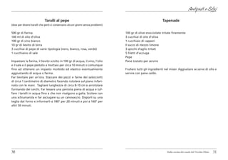 Antipasti e Sfizi

                            Taralli al pepe                                                                  Tapenade
(dosi per diversi taralli che però si conservano alcuni giorni senza problemi)


500 gr di farina                                                                 100 gr di olive snocciolate tritate finemente
100 ml di olio d’oliva                                                           3 cucchiai di olio d’oliva
100 gr di vino bianco                                                            1 cucchiaio di capperi
10 gr di lievito di birra                                                        Il succo di mezzo limone
3 cucchiai di pepe di varie tipologia (nero, bianco, rosa, verde)                3 spicchi d’aglio tritati
1 cucchiaino di sale                                                             5 filetti d’acciuga
                                                                                 Pepe
Impastare la farina, il lievito sciolto in 100 gr di acqua, il vino, l’olio      Pane tostato per servire
e il sale e il pepe pestato a mortaio per circa 10 minuti o comunque
fino ad ottenere un impasto morbido ed elastico eventualmente                    Frullare tutti gli ingredienti nel mixer. Aggiustare se serve di olio e
aggiustando di acqua o farina.                                                   servire con pane caldo.
Far lievitare per un’ora. Staccare dei pezzi e farne dei salsicciotti
di circa 1 centimetro di diametro facendo rotolare sul piano infari-
nato con le mani. Tagliare lunghezze di circa 8-10 cm e arrotolare
formando dei cerchi. Far lessare una pentola piena di acqua e tuf-
fare i taralli in acqua fino a che non risalgono a galla. Scolare con
una schiumarola e far asciugare su un canovaccio. Disporli su una
teglia dal forno e informarli a 180° per 20 minuti e poi a 160° per
altri 30 minuti.




30                                                                                                               Dalla cucina del casale del Vecchio Olmo   31
 