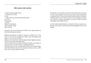 Antipasti e Sfizi

                   Mini quiche alle verdure


1 rotolo di pasta sfoglia fresco                                            Ovviamente, se si ha fretta, si può fare una quiche unica. In tal caso
1 confezione di ricotta                                                     a scelta si può scegliere di farla con una sola verdura (triplicando
2 uova                                                                      o quadruplicando le dosi indicate della singola verdura) e disporre
1 o due zucchine a seconda della dimensione                                 la sfoglia stesa in una tortiera e farcire con il composto di ricotta,
2 carciofi                                                                  uova, cipolla e verdura e parmigiano. In tal caso i tempi di cottura
6/7 asparagi                                                                si allungano (circa 30/40 minuti).
1 cipolla
100 gr di parmigiano                                                        Le torte salate rappresentano un antipasto sfizioso e possono an-
Noce moscata e pepe                                                         dar bene anche per un secondo veloce accompagnate da una ricca
Sale e olio qb                                                              insalata.

Cosa serve: formine di silicone per muffins e una coppa pasta (o un
bicchiere della giusta misura)

Affettare sottilmente le cipolle e rosolarle in padella con un filo
d’olio. In una terrina amalgamare ricotta, uova, parmigiano sale
pepe e un po’ di noce moscata.
Saltare con un filo d’olio e sale le singole verdure tagliate a pezzet-
ti piccoli cuocendole separatamente.
Unire le cipolle al mix di ricotta e dividere l’impasto in tre ciotole. A
ciascuna unire una delle verdure e amalgamare bene.
Srotolare la pasta e con la coppa pasta ricavare dei cerchietti. Met-
terli nelle formine e farcirle con I composti. Cuocere in forno a 180°
fino a che sono ben gonfie e dorate.




34                                                                                                          Dalla cucina del casale del Vecchio Olmo   35
 