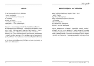 Primi piatti

                              Taboulé                                                     Penne con pesto alla trapanese


2/3 di confezione cous cous precotto                                        400 gr di penne o altro tipo di pasta corta e liscia
2 limoni non trattati                                                       2 spicchi d’aglio
1 kg di pomodorini sardi croccanti                                          60 gr di mandorle pelate
4/5 cipollotti                                                              200 gr di pomodorini pachino ben sodi
Succo di un limone                                                          1 melanzana
1 mazzetto di foglie di menta                                               Abbondante basilico
Sale e pepe q.b., olio extra vergine                                        30 gr di pecorino grattugiato
                                                                            Olio extra vergine, sale e pepe
Preparare il cous cous seguendo le istruzioni della confezione.
Nel frattempo lavare e affettare i pomodorini a cubetti e i cipol-          Tagliare la melanzana a cubetti e friggerla in padella. Scolarla e
lotti a fettine fini. Dopo averli lavati ben bene, tagliare i limoni a      asciugarla bene. In un mortaio pestare l’aglio, le mandorle tostate,
fettine sottili e poi in 2 (devono rimanere delle mezzelune).               il basilico e un pizzico di sale. Unire i pomodori tagliuzzati e conti-
Una volta che il cous cous sarà pronto, sgranarlo con una forchetta         nuare a pestare unendo a filo l’olio extravergine. Lessare la pasta
e irrorarlo con due cucchiai d’olio e poi aggiungete, i pomodori, la        e condirla con il pecorino, il pesto preparato e le melanzane fritte.
cipolla, le fette di limone, il succo di limone e le foglioline di menta.

ps. Un piatto estivo e buono anche il giorno dopo, motive per cui
le dosi sono abbondanti.




52                                                                                                          Dalla cucina del casale del Vecchio Olmo   53
 