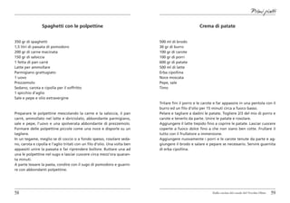 Primi piatti

                 Spaghetti con le polpettine                                                       Crema di patate


350 gr di spaghetti                                                        500 ml di brodo
1,5 litri di passata di pomodoro                                           30 gr di burro
200 gr di carne macinata                                                   100 gr di carote
150 gr di salsiccia                                                        100 gr di porri
1 fetta di pan carré                                                       600 gr di patate
Latte per ammollare                                                        500 ml di latte
Parmigiano grattugiato                                                     Erba cipollina
1 uovo                                                                     Noce moscata
Prezzemolo                                                                 Pepe, sale
Sedano, carota e cipolla per il soffritto                                  Timo
1 spicchio d’aglio
Sale e pepe e olio extravergine
                                                                           Tritare fini il porro e le carote e far appassire in una pentola con il
                                                                           burro ed un filo d’olio per 15 minuti circa a fuoco basso.
Preparare le polpettine mescolando la carne e la salsiccia, il pan         Pelare e tagliare a dadini le patate. Togliere 2/3 del mix di porro e
carré, ammollato nel latte e sbriciolato, abbondante parmigiano,           carote e tenerlo da parte. Unire le patate e rosolare.
sale e pepe, l’uovo e una spolverata abbondante di prezzemolo.             Aggiungere il latte tiepido fino a coprire le patate. Lasciar cuocere
Formare delle polpettine piccole come una noce e disporle su un            coperte a fuoco dolce fino a che non siano ben cotte. Frullare il
tagliere.                                                                  tutto con il frullatore a immersione.
In un tegame, meglio se di coccio o a fondo spesso, rosolare seda-         Aggiungere nuovamente i porri e le carote tenute da parte e ag-
no, carota e cipolla e l’aglio tritati con un filo d’olio. Una volta ben   giungere il brodo e salare e pepare se necessario. Servire guarnita
appassiti unire la passata e far riprendere bollore. Buttare una ad        di erba cipollina.
una le polpettine nel sugo e lasciar cuocere circa mezz’ora quaran-
ta minuti.
A parte lessare la pasta, condire con il sugo di pomodoro e guarni-
re con abbondanti polpettine.




58                                                                                                         Dalla cucina del casale del Vecchio Olmo   59
 