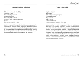 Secondi piatti

                Filetto di salmone in sfoglia                                                     Sarde a beccafico


1 filetto di salmone da circa 800 gr                                      1 kg di sarde pulite
½ spicchio d’aglio                                                        Pangrattato
1 mazzetto di prezzemolo                                                  40/50 gr di pecorino grattugiato
1 mazzetto di timo                                                        2 acciughe sotto sale
1 mazzetto di finocchietto                                                30 gr di pinoli
1 rotolo di pasta sfoglia rettangolare                                    30 gr di uvetta
1 uovo                                                                    2 limoni non trattati
Olio extravergine, sale e pepe                                            Prezzemolo, alloro, zucchero, olio e sale

Scottare a vapore il filetto per 5 minuti. Srotolare la pasta sfoglia e   Lasciare le acciughe a mollo in acqua per 10/15 minuti e sciacquarle
cospargerla di foglioline di erbe aromatiche. Adagiare il filetto di      bene sotto acqua corrente. Rosolare le acciughe in una padellina
salmone e impacchettare con la sfoglia. Ritagliare la pasta in ecces-     con un filo d’olio. Ammollare l’uvetta in acqua tiepida, scolarla e
so. Sigillare bene le giunture spennellandole con l’uovo sbattuto.        strizzarla. Tritare il prezzemolo, affettare il limone a fette sottili e
Spennellare poi tutta la sfoglia e decorarla con striscioline di pasta    spremere l’altro. Tostare il pan grattato e mescolarlo all’uvetta, alle
incrociate a grata. Cuocere in forno a 180° per 20 minuti.                acciughe ai pinoli ed unire il prezzemolo e il pecorino. Cospargere
                                                                          le sarde con il trito e arrotolarle. Disporre in una teglia leggermen-
                                                                          te unta alternandole con le fettine di limone. Bagnare con il succo
                                                                          di limone e cospargere con poco zucchero e pangrattato e cuocere
                                                                          in forno caldo a 200° per 15 minuti.




76                                                                                                        Dalla cucina del casale del Vecchio Olmo   77
 