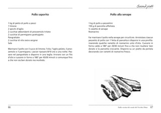 Secondi piatti

                           Pollo saporito                                                           Pollo alla senape


1 kg di petto di pollo a pezzi                                               1 kg di pollo a pezzettini
1 limone                                                                     150 g di pancetta affettata
2 spicchi d’aglio                                                            ½ vasetto di senape
2 cucchiai abbondanti di prezzemolo tritato                                  Rosmarino
2 cucchiai di parmigiano grattugiato
Pangrattato                                                                  Far marinare il pollo nella senape per circa 8 ore. Arrotolare ciascun
2 cucchiai di olio extra vergine                                             pezzetto di pollo con 1 fetta di pancetta e disporre in una pirofila
Sale                                                                         inserendo qualche rametto di rosmarino unto d’olio. Cuocere in
                                                                             forno caldo a 180° per 20/30 minuti fino a che non risultera’ ben
Marinare il pollo con il succo di limone, l’olio, l’aglio pelato, il prez-   dorato e la pancetta croccante. Disporre su un piatto da portata
zemolo e il parmigiano. Lasciar riposare 8/10 ore o una notte. Pas-          decorando con rametti di rosmarino fresco.
sare nel pangrattato e disporre in una teglia. Irrorare con un filo
d’olio e cuocere in forno a 180° per 45/50 minuti o comunque fino
a che non sia ben dorato ma morbido.




86                                                                                                           Dalla cucina del casale del Vecchio Olmo   87
 