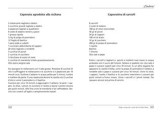 Contorni

             Caponata agrodolce alla siciliana                                                 Caponatina di carciofi


2 melanzane tagliate a dadini                                              8 carciofi
2 zucchine grandi tagliate a dadini                                        2 coste di sedano
2 peperoni tagliati a quadratini                                           100 gr di olive snocciolate
4 coste di sedano tenere a pezzi                                           30 gr di pinoli
1 grossa cipolla                                                           20 gr di capperi
½ kg di polpa di pomodoro                                                  100 ml di aceto
12 foglie di basilico                                                      10 gr di zucchero
1 pera soda a cubetti                                                      300 gr di polpa di pomodoro
1 cucchiaio abbondante di capperi                                          1 cipolla
20 olive tagliate a rondelle                                               Basilico
3 cucchiai di pinoli                                                       1 limone
2 cucchiai di zucchero                                                     Olio sale e pepe
½ bicchiere di aceto di mele
3 cucchiai di mandorle tritate grossolanamente.                            Pulire i carciofi e tagliarli a spicchi e metterli man mano in acqua
Olio extra vergine sale                                                    acidulata con il succo del limone. Saltare in padella con olio sale e
                                                                           pepe e cuocere coperti per circa 10 minuti. In un altro tegame far
Far spurgare le melanzane con il sale grosso. Rosolare 8 cucchiai di       appassire la cipolla tritata, unire la polpa di pomodoro il sedano a
olio e soffriggere le melanzane e le zucchine e il peperone per 10         rondelle sale e pepe e cuocere per circa 10 minuti. Unire le olive,
minuti circa. Scottare il sedano in acqua salata per 5 minuti, scolare     i capperi, l’aceto il basilico e lo zucchero mescolare e cuocere per
e mettere da parte. Il una casseruola dorare la cipolla con 2 cucchiai     pochi minuti a fuoco vivace. Unire i carciofi e i pinoli tostati. Far
d’olio e unire il pomodoro e il basilico.                                  riposare alcune ore prima di servire.
Cuocere per circa 10 minuti e aggiungere il sedano, le pere, i cap-
peri, le olive, i pinoli, lo zucchero e l’aceto e lasciar cuocere ancora
per pochi minuti. Alla fine unire le mandorle e far raffreddare. Ser-
vire con crostini all’aglio o semplicemente tostati.




102                                                                                                       Dalla cucina del casale del Vecchio Olmo   103
 