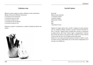 Contorni

                        Coleslaw rose                                                          Carciofi ripieni


200 gr di cavolo cappuccio bianco affettato molto sottilmente         8 carciofi
200 gr di finocchio affettato finemente                               200 gr di pan grattato
3 cucchiai di succo d’arancia                                         1 cucchiaio di timo
2 cucchiai di succo di lime                                           1 spicchio d’aglio
2 cucchiai di salsa di soia                                           Prezzemolo tritato
1 cucchiaio di olio di sesamo                                         Olio
2 cucchiai di aceto di riso                                           Sale
                                                                      1 bicchiere di vino
Preparare a parte il condimento e condire l’insalata all’ultimo mo-
mento.                                                                Togliere le foglie esterne dei carciofi e tagliare la parte spinosa.
                                                                      Con un coltellino affilato incidere e scavare l’interno lasciando in-
                                                                      tero il carciofo. Togliere bene la barba del carciofo e conservare
                                                                      la polpa interna. Nel mixer tritare l’aglio, il pangrattato, l’interno
                                                                      dei carciofi, gli aromi e una presa di sale. Condire con olio e farcire
                                                                      l’interno dei carciofi e tra le foglie schiacciando bene.
                                                                      Disporre in una casseruola dove possano rimanere in piedi e cuoce-
                                                                      re coperti a fuoco medio basso con un filo d’olio e bagnando con il
                                                                      vino per circa 35/40 min.




108                                                                                                   Dalla cucina del casale del Vecchio Olmo   109
 
