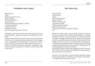 Dolci

                Ciambellone mele e yogurt                                                      Mini cheese cake


300 g di farina                                                         250 gr di farina
2 uova                                                                  150 gr di burro
200 g di zucchero di canna                                              5 uova
250 ml di yogurt                                                        300 gr di Philadelphia
100 ml di olio di semi                                                  300 gr di ricotta
1 pizzico di sale                                                       100 ml di creme fraiche
5/6 mele preferibilmente golden o renette                               1 baccello di vaniglia
1 limone non trattato                                                   150 gr di zucchero semolato
½ bustina di lievito                                                    80 gr di zucchero a velo
Granella di zucchero                                                    1 vasetto di confettura di amarene o fragole
Burro e farina per imburrare la tortiera                                Sale

Grattugiare la scorza del limone e conservarla da parte. Lavare le      Mettere nel mixer la farina, il burro freddo a dadini, lo zucchero
mele, sbucciarle e tagliarle a tocchetti e spruzzarle di succo di li-   a velo e un pizzico di sale e frullare fino ad ottenere un composto
mone.                                                                   sbriciolato. Unire poi 1 uovo e frullare fino a ottenere una palla
In una ciotola montare le uova con lo zucchero con le fruste elettri-   di impasto. Avvolgere nella pellicola e far riposare in frigo per 30
che fino a che il composto sia chiaro e ben gonfio. Unire lo yogurt     minuti. In una ciotola mescolare la ricotta, la creme fraiche e il Phi-
e l’olio. Aggiungere la farina setacciata con il lievito la scorsa di   ladelphia, unire lo zucchero, i semini del baccello di vaniglia e le
limone e il pizzico di sale. Unire le mele e versare il tutto in uno    4 uova rimaste ed amalgamare bene. Stendere la pasta in sfoglia
stampo per ciambella imburrato e infarinato. Cospargere di gra-         e ritagliare dei dischetti a misura per foderare degli stampini da
nella di zucchero a piacimento e infornare in forno caldo a 180°        muffin leggermente imburrati e infarinati
per 45 minuti.                                                          Bucherellare il fondo e riempirli del composto di ricotta. Cuocere in
                                                                        forno a 160° per 40 minuti. Lasciar raffreddare in frigo e guarnire,
                                                                        prima di servire, con la confettura.

                                                                        Alternative: la frolla fatta in casa può essere sostituita da pasta
                                                                        frolla pronta già stesa e la confettura con frutta fresca tipo lampo-
                                                                        ni o fragole frullati con zucchero a velo.


116                                                                                                     Dalla cucina del casale del Vecchio Olmo   117
 