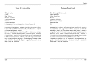 Dolci

                     Torta di frutta mista                                                    Torta soffice di mele


400 gr di farina                                                         1 kg di mele golden o renette
1 uovo                                                                   200 gr di farina
50 gr di burro                                                           180 gr di zucchero
120 gr di zucchero                                                       3 uova
½ bicchiere di latte                                                     ½ bustina di lievito
1 limone                                                                 1 limone non trattato
1 bustina di lievito                                                     200 ml di latte
Frutta a piacere (pere, mele, pesche, albicocche, uva…)                  Sale

Imburrare e infarinare una teglia di circa 28 cm di diametro. Grat-      Separare tuorli e albumi. Nel mixer mettere i tuorli con lo zucchero
tugiare la buccia del limone e tenere da parte. Sbucciare e tagliare     e un pizzico di sale. Aggiungere la farina setacciata con il lievito
la frutta e spruzzarla di limone.                                        e versare il latte a filo. Grattugiare la scorza di limone e unirla al
Lavorare lo zucchero con l’uovo intero fino a ottenere un compo-         composto. Frullare fino a ottenere un composto liscio e omogeneo.
sto bianco e spumoso. Aggiungere la scorza del limone, la farina,        Travasare in una ciotola capiente. Sbucciare le mele e tagliarle a
il latte e il burro fuso e il lievito mescolando bene. Tenere da parte   fettine sottili e incorporare al composto. Montare gli albumi a neve
¼ della pasta e stendere la restante parte nella teglia creando dei      e unire al composto mescolando dal basso verso l’alto.
bordi rialzati. Sistemare la frutta e, come fosse una crostata, creare   Foderare uno stampo di 24 cm di diametro di carta da forno ba-
delle striscioline di pasta da disporre a griglia. Cuocere in forno      gnata e strizzata. Versare tutto il composto, livellarlo e cuocere in
caldo a 160° per 45 minuti.                                              forno caldo a 180° per 40 minuti.




122                                                                                                      Dalla cucina del casale del Vecchio Olmo   123
 