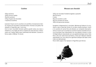 Dolci

                             Cookies                                                         Mousse aux chocolat


150 gr di farina                                                         150 gr di cioccolato fondente tagliato a pezzetti
150 gr di burro salato                                                   50 gr di burro
70 gr di zucchero                                                        5 uova
170 gr di gocce di cioccolato                                            50 gr di zucchero a velo
1 bustina di vanillina                                                   50 gr di zucchero di canna
                                                                         100 ml di panna da montare
Lavorare il burro con lo zucchero e la vanillina. Incorporare la fari-
na, le gocce di cioccolato e mescolare bene. Formare una palla e far     Sciogliere a bagnomaria il cioccolato. Montare gli albumi e lo zuc-
riposare in frigorifero per 1 ora circa.                                 chero a velo a neve ben ferma. In un’altra ciotola montare i tuorli
Con le mani inumidite formare palline grandi come una noce e             e lo zucchero di canna fino ad ottenere un composto biancastro.
metterle su una teglia da forno ricoperta di carta da forno. Schiac-     Unire ai tuorli con lo zucchero 6 cucchiai di panna montata ed uni-
ciarle con il palmo della mano ottenendo dei dischetti. Cuocere in       re al cioccolato fuso mescolando con una spatola. Iniziare a unire
forno caldo a 180°per 15 minuti.                                         1/3 degli albumi mescolando con una spatola dal basso verso l’alto
                                                                         fino a che non resta traccia di bianco. Unire poi l’albume restante
                                                                         mescolando con cura senza far sgonfiare (sempre dal basso verso
                                                                         l’alto con delicatezza).
                                                                         Porre nelle coppe e far riposare in frigorifero per 6-8 ore.




126                                                                                                    Dalla cucina del casale del Vecchio Olmo   127
 