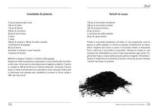 Dolci

                      Ciambella di polenta                                                            Tartufi al cacao


½ kg di polenta già cotta                                                    150 gr di cioccolato fondente
150 ml di latte                                                              100 gr di cioccolato al latte
110 gr di farina                                                             100 ml di panna fresca
100 gr di zucchero                                                           25 gr di burro
50 gr di burro fuso                                                          1 cucchiaio di caffè solubile
2 uova                                                                       50 gr di cacao amaro
1 mela
100 gr di uvetta e 100 gr di cedro candito                                   Tritare il cioccolato fondente e al latte. In una casseruola unire la
1 bicchierino di grappa                                                      panna, il caffè solubile e il burro e portare a ebollizione su fuoco
60 gr di burro                                                               dolce. Togliere dal fuoco e unire il cioccolato tritato e mescolare
Cannella in polvere, noce moscata                                            fino a che non si sia sciolto il cioccolato. Versare la crema in una
1 bustina di lievito                                                         ciotola e far raffreddare un ora in frigo mescolando ogni tanto. To-
                                                                             gliere dal frigo e creare delle piccole palline irregolari. Rimettere i
Mettere a bagno l’uvetta e i canditi nella grappa.                           tartufi in frigo fino al momento di servire. Prima di servire rotolare
Passare al mixer la polenta e mescolarla in una ciotola allo zucchero        i tartufi nel cacao in polvere.
e alle uova. Unire poi la mela sbucciata e tagliata a dadini, l’uvetta
e i canditi e 100 gr di farina e il lievito setacciati. Unire poi il burro
fuso e il latte e profumare con cannella e noce moscata. Imburrare
e infarinare uno stampo per ciambella e cuocere in forno caldo a
180° per 50 minuti.




128                                                                                                          Dalla cucina del casale del Vecchio Olmo   129
 