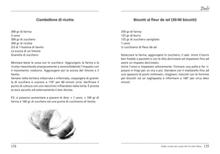 Dolci

                    Ciambellone di ricotta                                       Biscotti al fleur de sel (30/40 biscotti)


300 gr di farina                                                       250 gr di farina
3 uova                                                                 125 gr di burro
300 gr di zucchero                                                     125 gr di zucchero vanigliato
300 gr di ricotta                                                      1 uovo
2/3 di 1 bustina di lievito                                            ½ cucchiaino di fleur de sel
La scorza di un limone
Granella di zucchero                                                   Setacciare la farina, aggiungere lo zucchero, il sale. Unire il burro
                                                                       ben freddo a pezzetti e con le dita sbriciolare ed impastare fino ad
Montare bene le uova con lo zucchero. Aggiungere la farina e la        avere un impasto sbriciolato.
ricotta mescolando energicamente e ammorbidendo l’impasto con          Unire l’uovo e impastare velocemente. Formare una palla e far ri-
il movimento rotatorio. Aggiungere poi la scorza del limone e il       posare in frigo per un ora o più. Stendere con il mattarello fino ad
lievito.                                                               uno spessore di pochi millimetri, ritagliare i biscotti con le formine
Versare nella tortiera imburrata e infarinata, cospargere di granel-   per biscotti od un tagliapasta e informare a 160° per circa dieci
la di zucchero e cuocere a 170° per 40 minuti circa. Verificare il     minuti.
punto di cottura con uno stecchino infilandolo nella torta. È pronta
se esce asciutto ed esternamente è ben dorata.

P.S. si possono aumentare a piacere le dosi: + 1 uovo, + 100 gr di
farina e 100 gr di zucchero ed una punta di cucchiaino di lievito.




134                                                                                                    Dalla cucina del casale del Vecchio Olmo   135
 