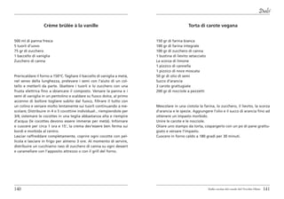 Dolci

                  Crème brûlée à la vanille                                                    Torta di carote vegana


500 ml di panna fresca                                                     150 gr di farina bianca
5 tuorli d’uovo                                                            100 gr di farina integrale
75 gr di zucchero                                                          100 gr di zucchero di canna
1 baccello di vaniglia                                                     1 bustina di lievito setacciato
Zucchero di canna                                                          La scorza di limone
                                                                           1 pizzico di cannella
                                                                           1 pizzico di noce moscata
Preriscaldare il forno a 150°C. Tagliare il baccello di vaniglia a metà,   50 gr di olio di semi
nel senso della lunghezza, prelevare i semi con l’aiuto di un col-         Succo d’arancia
tello e metterli da parte. Sbattere i tuorli e lo zucchero con una         3 carote grattugiate
frusta elettrica fino a sbiancare il composto. Versare la panna e i        200 gr di nocciole a pezzetti
semi di vaniglia in un pentolino e scaldare su fuoco dolce, al primo
accenno di bollore togliere subito dal fuoco, filtrare il tutto con
un colino e versare molto lentamente sui tuorli continuando a me-          Mescolare in una ciotola la farina, lo zucchero, il lievito, la scorza
scolare; Distribuire in 4 o 5 cocottine individuali , riempiendole per     d’arancia e le spezie. Aggiungere l’olio e il succo di arancia fino ad
3/4; sistemare le cocottes in una teglia abbastanza alta e riempire        ottenere un impasto morbido.
d’acqua (le cocottes devono essere immerse per metà). Infornare            Unire le carote e le nocciole.
e cuocere per circa 1 ora e 15’, la crema dev’essere ben ferma sui         Oliare uno stampo da torta, cospargerlo con un po di pane grattu-
bordi e morbida al centro.                                                 giato e versare l’impasto.
Lasciar raffreddare completamente, coprire ogni cocotte con pel-           Cuocere in forno caldo a 180 gradi per 30 minuti.
licola e lasciare in frigo per almeno 3 ore. Al momento di servire,
distribuire un cucchiaino raso di zucchero di canna su ogni dessert
e caramellare con l’apposito attrezzo o con il grill del forno.




140                                                                                                          Dalla cucina del casale del Vecchio Olmo   141
 