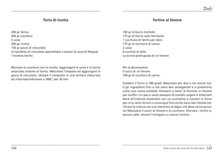 Dolci

                        Torta di ricotta                                                     Tortine al limone


200 gr farina                                                         100 gr di burro morbido
200 gr zucchero                                                       175 gr di farina auto lievitante
3 uova                                                                1 cucchiaio di lievito per dolci
300 gr ricotta                                                        175 gr di zucchero di canna
150 gr gocce di cioccolato                                            2 uova
(o tavolette di cioccolato spezzettate o avanzi di uova di Pasqua)    6 cucchiai di latte
1 bustina lievito                                                     La scorza grattugiata di un limone



Montare lo zucchero con la ricotta. Aggiungere le uova e la farina    Per la decorazione:
setacciata insieme al lievito. Mescolare l’impasto ed aggiungere le   Il succo di un limone
gocce di cioccolato. Versare il composto in una tortiera imburrata    100 gr di zucchero di canna
ed infarinata.Infornare a 180C° per 30 min.
                                                                      Scaldare il forno a 180 gradi. Mescolare per due o tre minuti tut-
                                                                      ti gli ingredienti fino a che siano ben amalgamati e si presentino
                                                                      come una crema morbida. Riempire a meta’ le formine in silicone
                                                                      per muffin ( in caso si usino stampini di metallo ungere e infarinarli
                                                                      bene all’interno) aiutandosi con un cucchiaino e cuocere in forno
                                                                      per circa venti minuti o comunque fino anche siano ben dorate (ve-
                                                                      rificare la cottura con uno stecchino di legno che deve uscire asciut-
                                                                      to) Mescolare il succo di limone e lo zucchero. Sfornare i tortini e,
                                                                      ancora caldi, versare l’intingolo su ciascun tortino.




144                                                                                                   Dalla cucina del casale del Vecchio Olmo   145
 