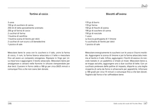 Dolci

                       Tortine al cocco                                                        Biscotti all’avena


3 uova                                                                 170 gr di burro
150 gr di zucchero di canna                                            170 gr farina
250 ml di latte parzialmente scremato                                  150 gr di fiocchi di avena
250 gr di farina di cocco                                              190 gr di zucchero di canna
2 cucchiai di farina                                                   150 gr di nocciole
1 bustina di vanillina                                                 1 uovo
1 bustina scarsa di lievito per dolci                                  La buccia grattugiata di 1 limone
2 cucchiai di rum scuro o di benedectine                               ½ cucchiaino di lievito per dolci
1 pizzico di sale                                                      1 pizzico di sale



Mescolare bene le uova con lo zucchero e il sale, unire la farina      Mescolare energicamente lo zucchero con le uova e il burro morbi-
di cocco, il rum, la farina bianca setacciata e il latte e mescolare   do. Aggiungere la scorza di limone e poi la farina setacciata insie-
fino ad avere un composto omogeneo. Riposare in frigo per cir-         me al lievito e il sale. Infine, aggiungere i fiocchi di avena e le noc-
ca mezz’ora e aggiungere il lievito setacciato. Mescolare bene per     ciole tostate in un padellino e tritate al mixer. Mescolare bene e,
amalgamare e versare nelle formine in silicone riempiendole per        se troppo asciutto, aggiungere uno o due cucchiai di latte. Con un
due terzi. Cuocere in forno caldo a 180 gr per circa 20/25 minuti o    cucchiaio prelevare delle palline di impasto, disporle su una teglia
comunque fino a che non siano ben dorate.                              ricoperta di carta da forno e schiacciarle per appiattirle. Infornare
                                                                       a 180 gradi per circa 15 minuti o comunque fino a che ben dorati.
                                                                       Togliere dal forno e far raffreddare bene.




146                                                                                                    Dalla cucina del casale del Vecchio Olmo   147
 