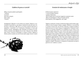 Antipasti e Sfizi

                 Cialdine di grana ai carciofi                                          Crostoni di melanzane e funghi


300 gr. di grana padano grattugiato                                        8 fette di pane casereccio
1 albume                                                                   1 cuore di sedano bianco,
4 carciofi                                                                 1 grossa melanzana,
Olio extra vergine                                                         150 di funghi porcini (se fuori stagione si possono usare
Sale e pepe                                                                100 gr di champignon e 50 gr di funghi secchi).
1 limone                                                                   Erba cipollina, olive taggiasche, olio, aglio



Amalgamare l’albume in una ciotola con il grana. Disporre a cuc-           Tagliare a metà per il lungo la melanzana dopo averla lavata, spen-
chiaiate 8 mucchietti su una placca rivestita di carta da forno im-        nellare di olio la polpa e salare e pepare. Mettere in una pirofila
burrata e infornare a 180° per 5 o 6 minuti. Estrarre dal forno e          e cuocere in forno per circa 50 min. Sfornare, incidere la polpa e
appiattire i mucchietti con il batticarne. Rimettere in forno per          schiacciare per far uscire l’acqua di vegetazione. Prelevare la pol-
qualche minuto. Appoggiare ogni dischetto sul fondo di un bic-             pa con un cucchiaio. Rosolare in un padellino un po’ d’olio e uno
chiere e formare una coppetta con le mani. Staccare e far raffred-         spicchio d’aglio schiacciato, unire i porcini ben puliti e cuocere per
dare. Pulire i carciofi e immergerli in acqua e limone. Tagliare a         qualche minuto. Tritare i funghi e unire alla polpa di melanzana.
fettine sottili e condire con olio limone sale e pepe. Farcire i cestini   Aggiungere l’erba cipollina sminuzzata. Tagliare a pezzettini le oli-
                                                                           ve e unirle al composto. Aggiungere sale e pepe e amalgamare gli
                                                                           ingredienti aggiungendo a filo l’olio extra vergine. Coprire e far
                                                                           riposare in frigo per un paio d’ore. Tagliare a metà le fette di pane
                                                                           e tostarle sulla griglia. Pulire e lavare un cuore di sedano bianco e
                                                                           tagliarlo a dadini. Distribuire il composto di melanzane sul pane e
                                                                           guarnire con il sedano e i pinoli.




12                                                                                                         Dalla cucina del casale del Vecchio Olmo   13
 