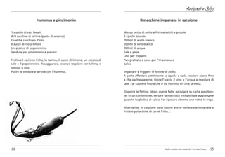 Antipasti e Sfizi

                    Hummus e pinzimonio                                                Bistecchine impanate in carpione


1 scatola di ceci lessati                                                  Mezzo petto di pollo a fettine sottili e piccole
2 /3 cucchiai di tahina (pasta di sesamo)                                  2 cipolle bionde
Qualche cucchiaio d’olio                                                   200 ml di aceto bianco
Il succo di 1 o 2 limoni                                                   200 ml di vino bianco
Un pizzico di peperoncino                                                  200 ml di acqua
Verdure per pinzimonio a piacere                                           Sale e pepe
                                                                           Olio per friggere
Frullare I ceci con l’olio, la tahina, il succo di limone, un pizzico di   Pan grattato e uova per l’impanatura
sale e il peperoncino. Assaggiare e, se serve regolare con tahina, o       Salvia
limone o olio.
Pulire le verdure e servire con l’hummus.                                  Impanare e friggere le fettine di pollo.
                                                                           A parte affettare sottilmente la cipolla e farla rosolare piano fino
                                                                           a che sia trasparente. Unire l’aceto, il vino e l’acqua e regolare di
                                                                           sale. Far cuocere fino a che si sia ristretto di circa la metà.

                                                                           Disporre le fettine (dopo averle fatte asciugare su carta assorben-
                                                                           te) in un contenitore, versare la marinata intiepidita e aggiungere
                                                                           qualche fogliolina di salvia. Far riposare almeno una notte in frigo.

                                                                           Alternative: in carpione sono buone anche melanzane impanate e
                                                                           fritte o polpettine di carne fritte…




14                                                                                                        Dalla cucina del casale del Vecchio Olmo   15
 