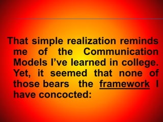 That simple realization reminds
me of the Communication
Models I’ve learned in college.
Yet, it seemed that none of
those bears the framework I
have concocted:
 