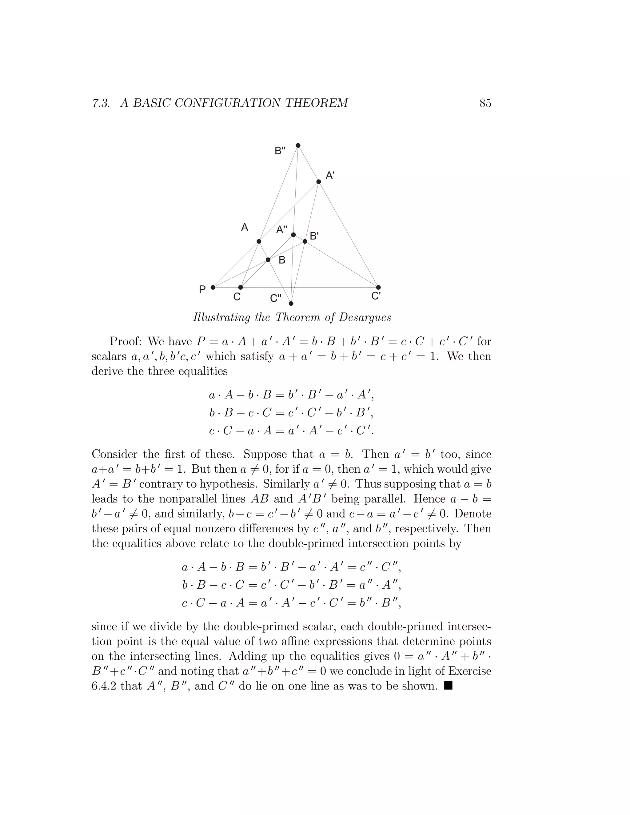 7.3. A BASIC CONFIGURATION THEOREM 85
*  
2
) )  
+ +  
) 
+ 
* 
*
Illustrating the Theorem of Desargues
Proof: We have P = a · A + a · A = b · B + b · B = c · C + c · C for
scalars a, a , b, b c, c which satisfy a + a = b + b = c + c = 1. We then
derive the three equalities
a · A − b · B = b · B − a · A ,
b · B − c · C = c · C − b · B ,
c · C − a · A = a · A − c · C .
Consider the ﬁrst of these. Suppose that a = b. Then a = b too, since
a+a = b+b = 1. But then a = 0, for if a = 0, then a = 1, which would give
A = B contrary to hypothesis. Similarly a = 0. Thus supposing that a = b
leads to the nonparallel lines AB and A B being parallel. Hence a − b =
b −a = 0, and similarly, b−c = c −b = 0 and c−a = a −c = 0. Denote
these pairs of equal nonzero diﬀerences by c , a , and b , respectively. Then
the equalities above relate to the double-primed intersection points by
a · A − b · B = b · B − a · A = c · C ,
b · B − c · C = c · C − b · B = a · A ,
c · C − a · A = a · A − c · C = b · B ,
since if we divide by the double-primed scalar, each double-primed intersec-
tion point is the equal value of two aﬃne expressions that determine points
on the intersecting lines. Adding up the equalities gives 0 = a · A + b ·
B +c ·C and noting that a +b +c = 0 we conclude in light of Exercise
6.4.2 that A , B , and C do lie on one line as was to be shown.
 