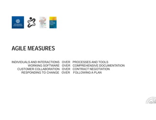 AGILE MEASURES
INDIVIDUALS AND INTERACTIONS OVER PROCESSES AND TOOLS
WORKING SOFTWARE OVER COMPREHENSIVE DOCUMENTATION
CUSTOMER COLLABORATION OVER CONTRACT NEGOTIATION
RESPONDING TO CHANGE OVER FOLLOWING A PLAN
 