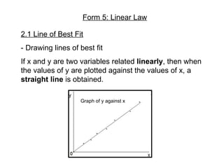 Form 5: Linear Law 2.1 Line of Best Fit - Drawing lines of best fit If x and y are two variables related  linearly , then when the values of y are plotted against the values of x, a  straight line  is obtained. Graph of y against x 