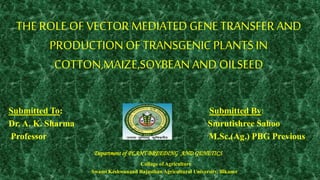 THEROLE OF VECTOR MEDIATED GENETRANSFER AND
PRODUCTION OF TRANSGENIC PLANTS IN
COTTON,MAIZE,SOYBEAN AND OILSEED
Submitted To: Submitted By:
Dr. A. K. Sharma Smrutishree Sahoo
Professor M.Sc.(Ag.) PBG Previous
Department of PLANT BREEDING AND GENETICS
Collage of Agriculture
Swami Keshwanand Rajasthan Agricultural University, Bikaner
 