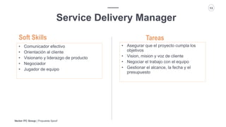 Vector ITC Group | Propuesta Spoof
13
Service Delivery Manager
Tareas
• Comunicador efectivo
• Orientación al cliente
• Visionario y liderazgo de producto
• Negociador
• Jugador de equipo
Soft Skills
• Asegurar que el proyecto cumpla los
objetivos
• Vision, mision y voz de cliente
• Negociar el trabajo con el equipo
• Gestionar el alcance, la fecha y el
presupuesto
 