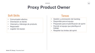 Vector ITC Group | Propuesta Spoof
16
Proxy Product Owner
Tareas
• Comunicador efectivo
• Orientación al cliente
• Visionario y liderazgo de producto
• Negociador
• Jugador de equipo
Soft Skills
• Gestión y priorización del backlog
• Disponible para el equipo
• Preparado para el planificación de sprint
• Permitir al equipo que planifique el
trabajo
• Respetar los limites del sprint
 