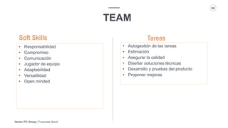 Vector ITC Group | Propuesta Spoof
20
TEAM
Tareas
• Responsabilidad
• Compromiso
• Comunicación
• Jugador de equipo
• Adaptabilidad
• Versatilidad
• Open minded
Soft Skills
• Autogestión de las tareas
• Estimación
• Asegurar la calidad
• Diseñar soluciones técnicas
• Desarrollo y pruebas del producto
• Proponer mejoras
 