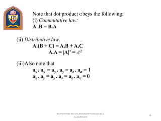 Mohammad Akram,Assistant Professor,ECE
Department
16
Note that dot product obeys the following:
(i) Commutative law:
A .B = B.A
(ii) Distributive law:
A.(B + C) = A.B + A.C
A.A = |A|2 = A2
(iii)Also note that
ax . ax = ay . ay = az . az = 1
ax . ay = ay . az = az . ax = 0
 