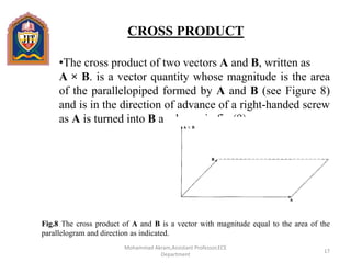 Mohammad Akram,Assistant Professor,ECE
Department
17
CROSS PRODUCT
•The cross product of two vectors A and B, written as
A × B. is a vector quantity whose magnitude is the area
of the parallelopiped formed by A and B (see Figure 8)
and is in the direction of advance of a right-handed screw
as A is turned into B as shown in fig.(9)
Fig.8 The cross product of A and B is a vector with magnitude equal to the area of the
parallelogram and direction as indicated.
 