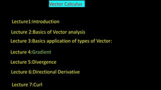 Vector Calculus
Lecture1:Introduction
Lecture 2:Basics of Vector analysis
Lecture 3:Basics application of types of Vector:
Lecture 4:Gradient
Lecture 5:Divergence
Lecture 6:Directional Derivative
Lecture 7:Curl
 