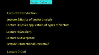 Vector Calculus
Lecture1:Introduction
Lecture 2:Basics of Vector analysis
Lecture 3:Basics application of types of Vector:
Lecture 4:Gradient
Lecture 5:Divergence
Lecture 6:Directional Derivative
Lecture 7:Curl
 