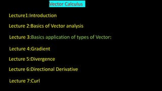Vector Calculus
Lecture1:Introduction
Lecture 2:Basics of Vector analysis
Lecture 3:Basics application of types of Vector:
Lecture 4:Gradient
Lecture 5:Divergence
Lecture 6:Directional Derivative
Lecture 7:Curl
 
