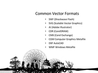 Common Vector Formats SWF (Shockwave Flash) SVG (Scalable Vector Graphics) AI (Adobe Illustrator)  CDR (CorelDRAW)  CMX (Corel Exchange)  CGM Computer Graphics Metafile  DXF AutoCAD  WMF Windows Metafile 
