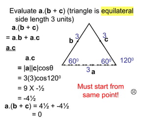 Evaluate a.(b + c) (triangle is equilateral
side length 3 units)
a
b c
a.(b + c)
= a.b + a.c
a.c
a.c
= |a||c|cosθ
= 3(3)cos1200
= 9 X -½
= -4½
600
Must start from
same point!
3
3

600 1200
3
a.(b + c) = 4½ + -4½
= 0
 