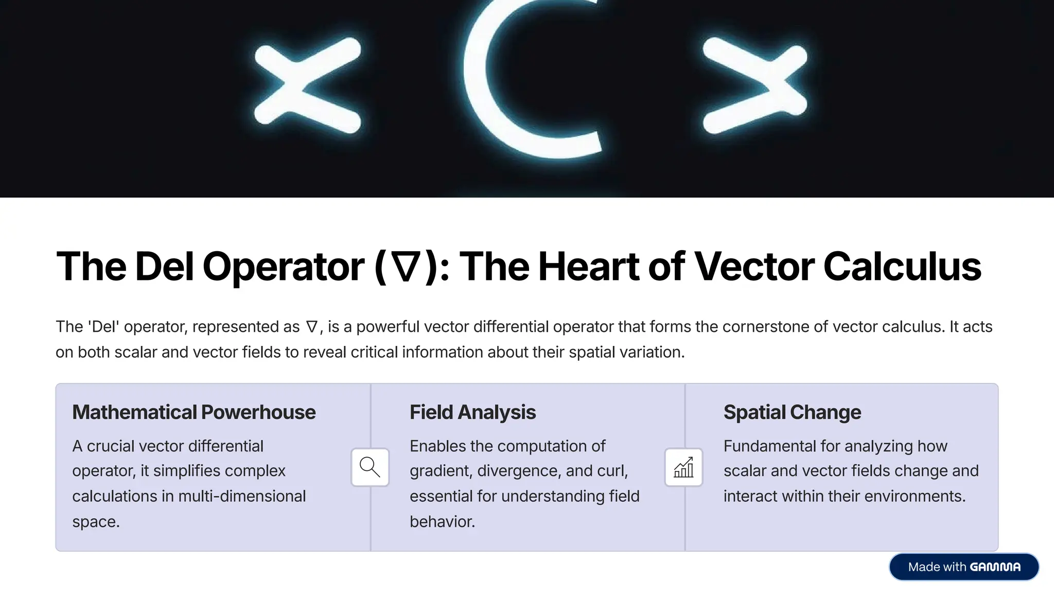 The Del Operator ('): The Heart of Vector Calculus
The 'Del' operator, represented as ', is a powerful vector differential operator that forms the cornerstone of vector calculus. It acts
on both scalar and vector fields to reveal critical information about their spatial variation.
Mathematical Powerhouse
A crucial vector differential
operator, it simplifies complex
calculations in multi-dimensional
space.
Field Analysis
Enables the computation of
gradient, divergence, and curl,
essential for understanding field
behavior.
Spatial Change
Fundamental for analyzing how
scalar and vector fields change and
interact within their environments.
 