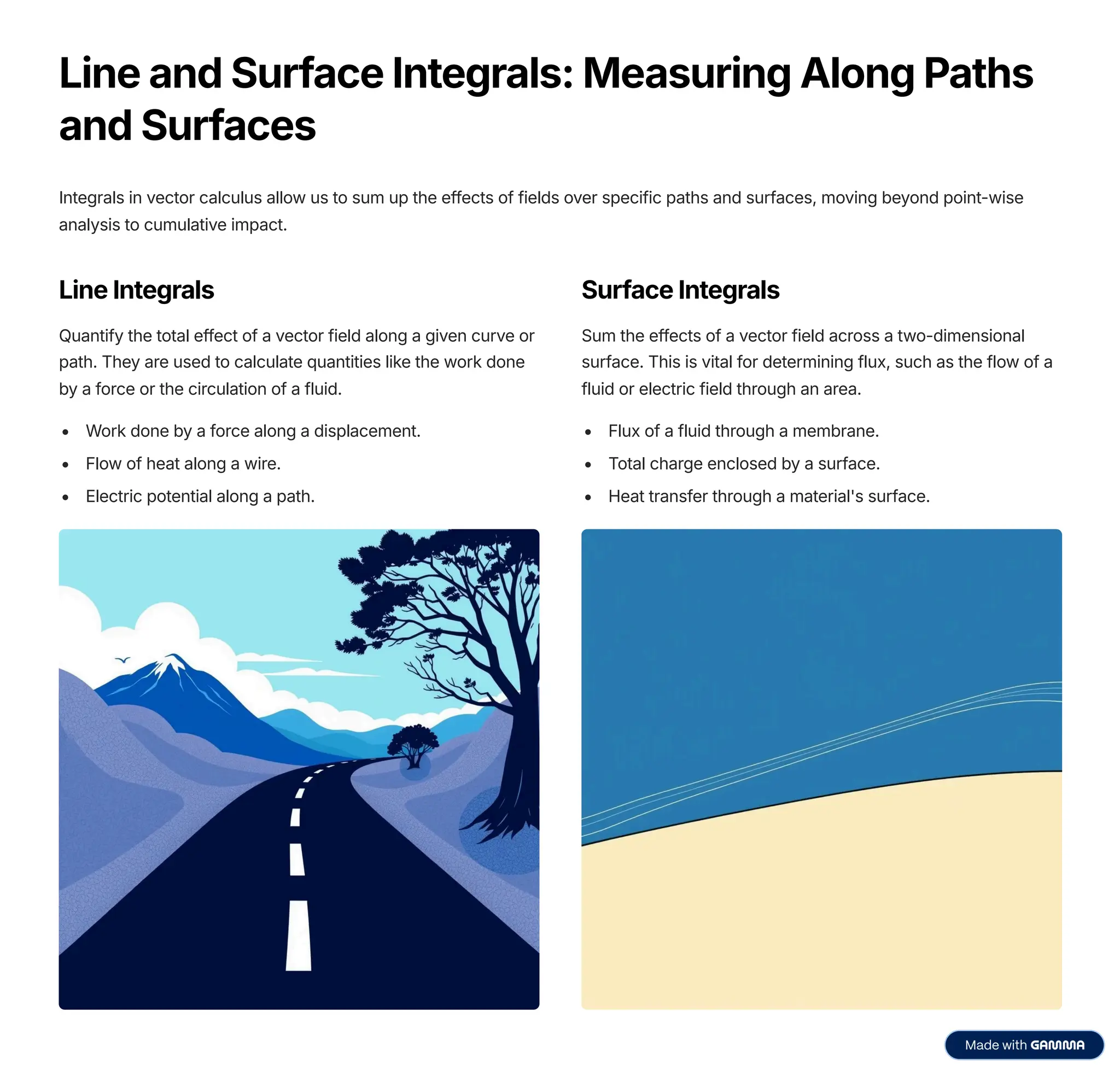 Line and Surface Integrals: Measuring Along Paths
and Surfaces
Integrals in vector calculus allow us to sum up the effects of fields over specific paths and surfaces, moving beyond point-wise
analysis to cumulative impact.
Line Integrals
Quantify the total effect of a vector field along a given curve or
path. They are used to calculate quantities like the work done
by a force or the circulation of a fluid.
Work done by a force along a displacement.
Flow of heat along a wire.
Electric potential along a path.
Surface Integrals
Sum the effects of a vector field across a two-dimensional
surface. This is vital for determining flux, such as the flow of a
fluid or electric field through an area.
Flux of a fluid through a membrane.
Total charge enclosed by a surface.
Heat transfer through a material's surface.
 