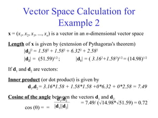 Vector Space Calculation for
Example 2
x = (x1, x2, x3, ..., xn) is a vector in an n-dimensional vector space
Length of x is given by (extension of Pythagoras's theorem)
|d2|2
= 1.582
+ 1.582
+ 6.322
+ 2.582
|d2| = (51.59)1/2
; |d1| = ( 3.162
+1.582
)1/2
= (14.98)1/2
If d1 and d2 are vectors:
Inner product (or dot product) is given by
d1.d2 = 3.16*1.58 + 1.58*1.58 +0*6.32 + 0*2.58 = 7.49
Cosine of the angle between the vectors d1 and d2:
cos () = =
d1.d2
|d1||d2|
= 7.49/ (14.98*51.59) = 0.72
 