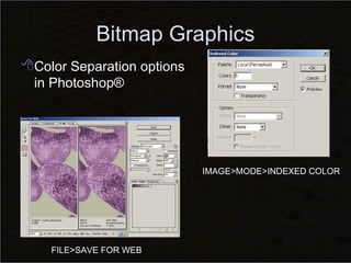 Bitmap Graphics Color Separation options in Photoshop® IMAGE>MODE>INDEXED COLOR FILE>SAVE FOR WEB 